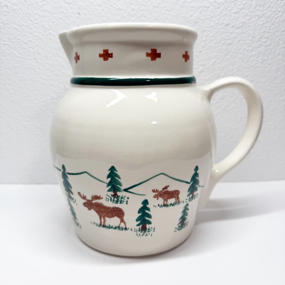 Vintage Santa Ana Crock Shop Hand Painted Moose Trees Stoneware Pitcher